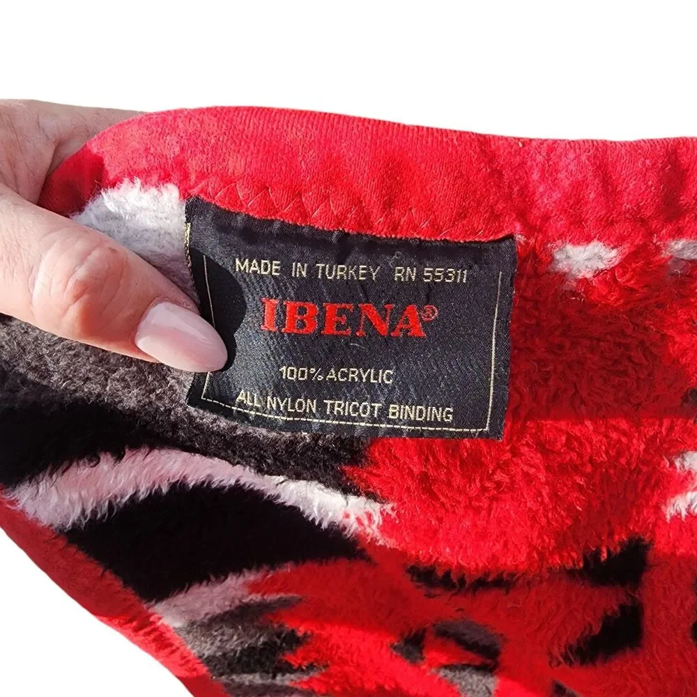 Vintage IBENA Acrylic Blanket 73x57 Red Black Navajo‎ Southwest Geometric Turkey
